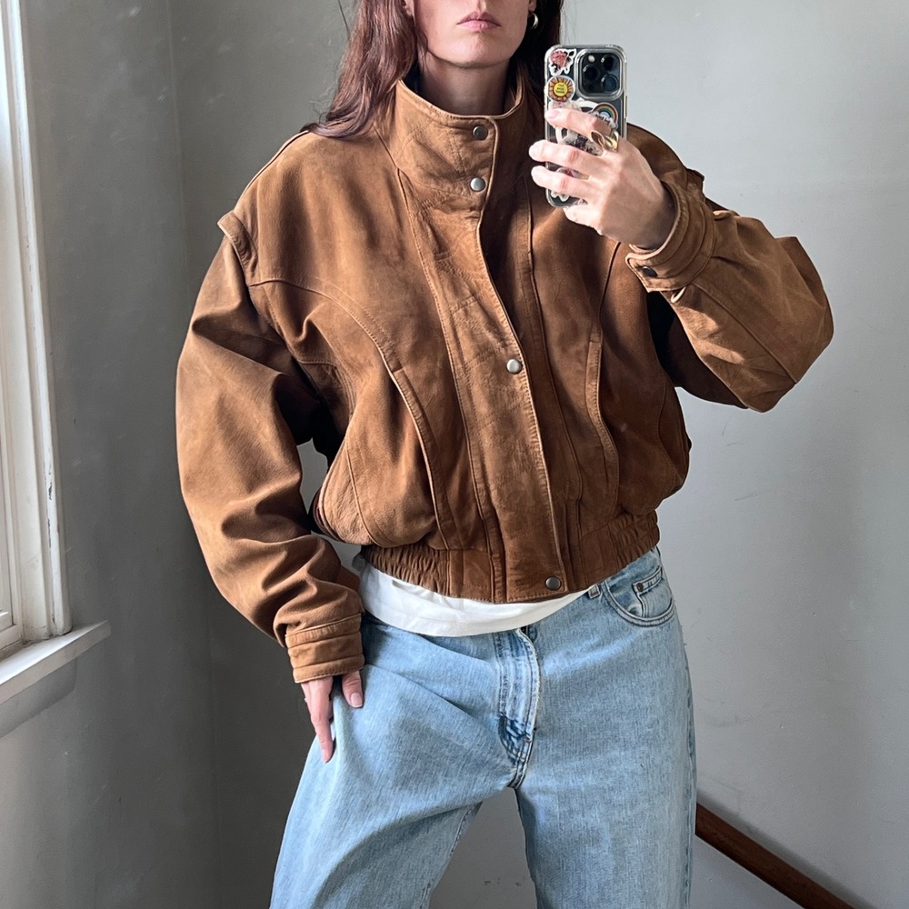 Vintage Brown Suede Leather Bomber Jacket High Mock Neck Double Stand Collar 90s